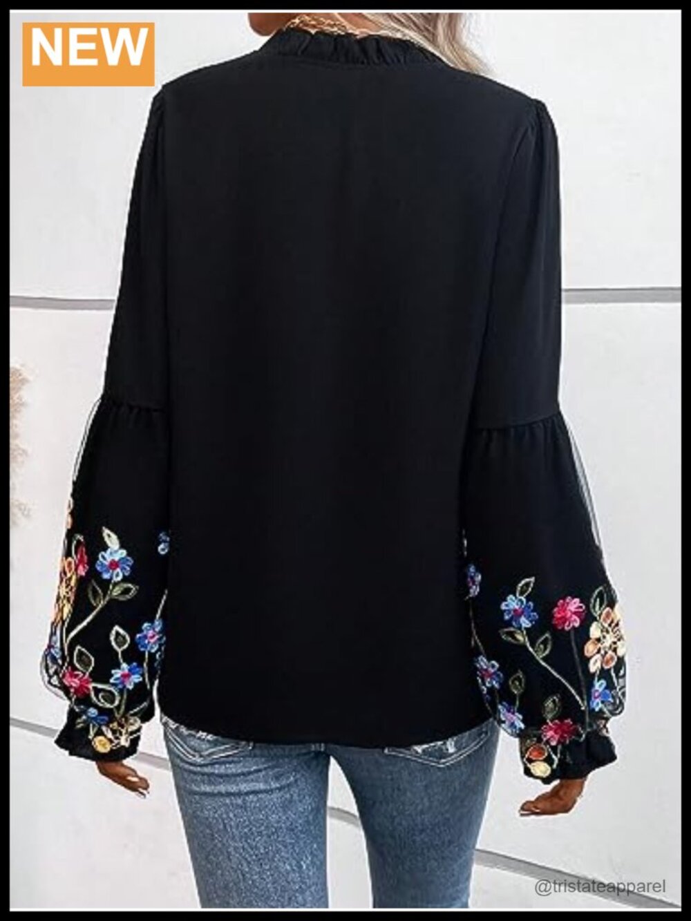 Floral Embroidered Peasant Blouse Tie Neck Lantern Sleeve Dressy Casual Top - Picture 2 of 4